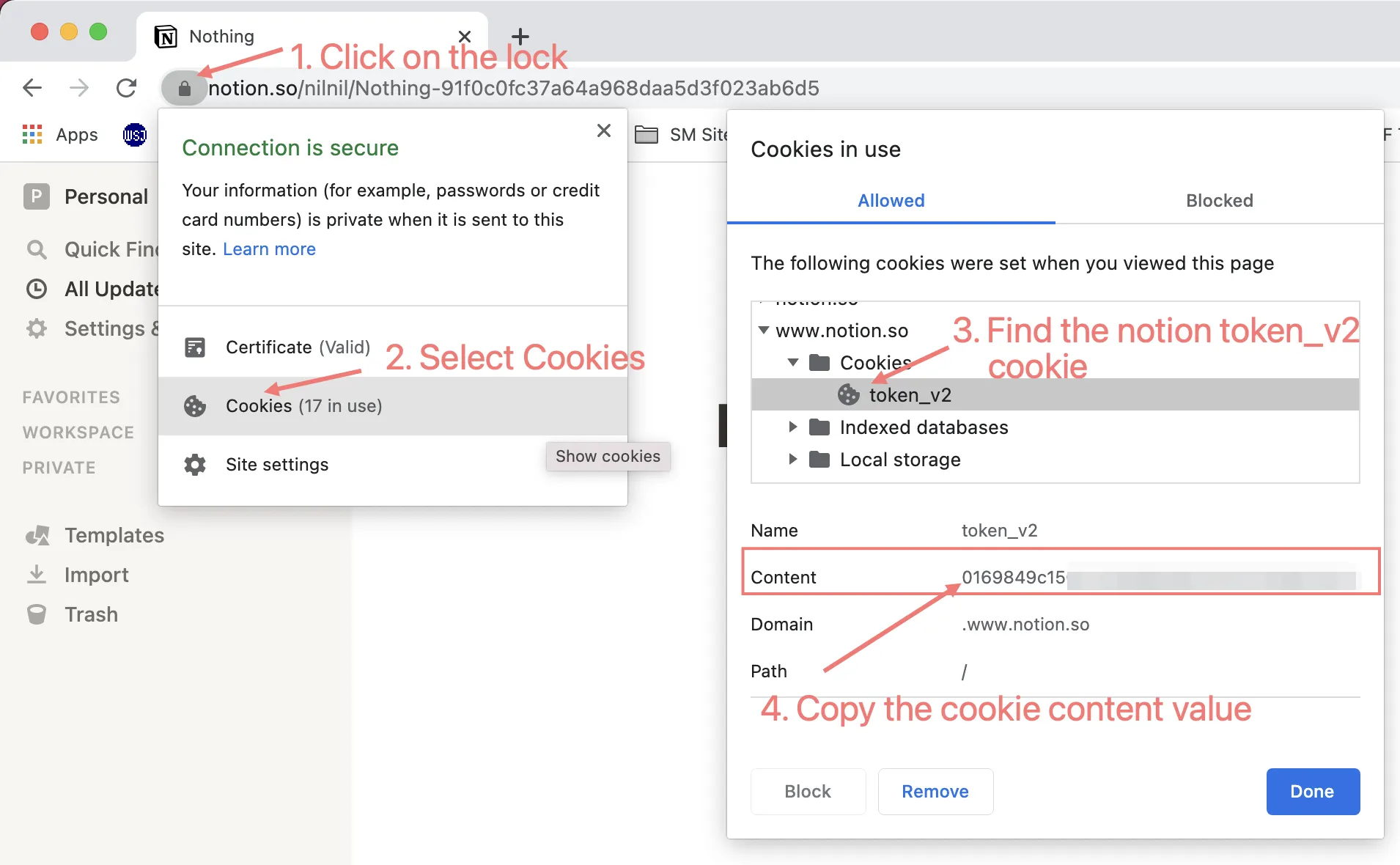 Chrome cookies view showing where to find the Notion token value.