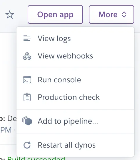 Heroku app controls showing the Open app and View logs options.