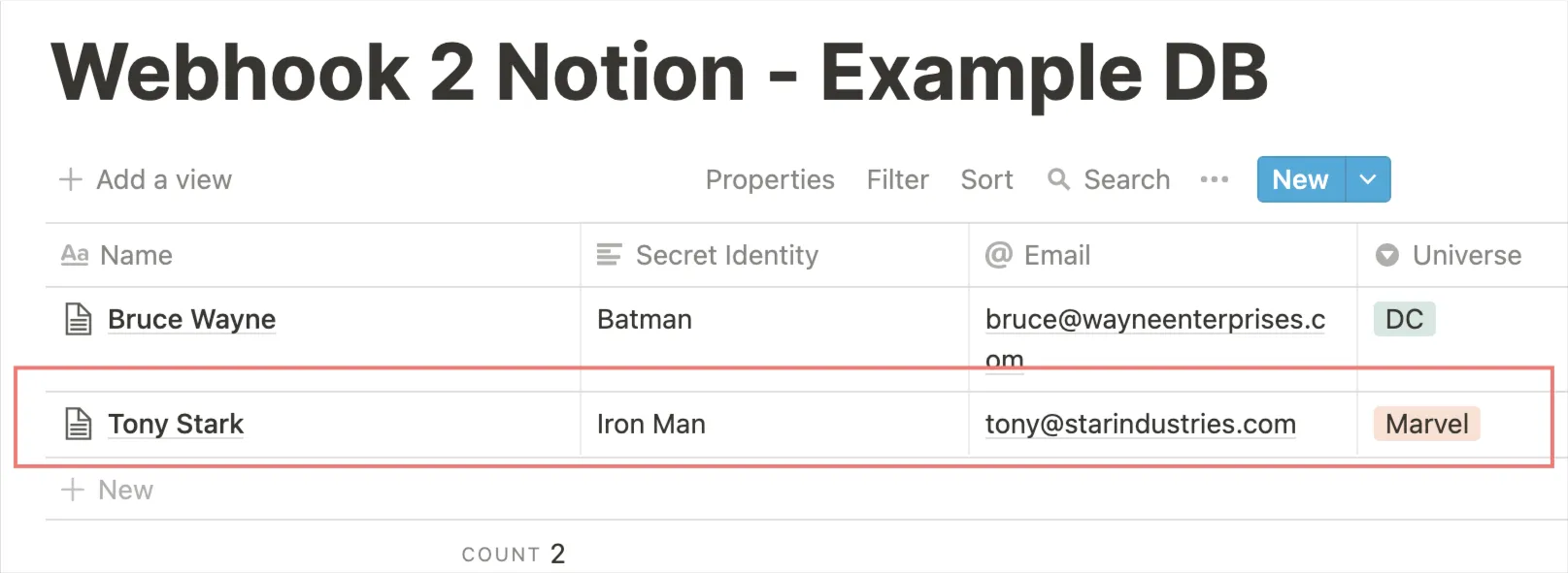Example Notion database after the webhook created a new row.