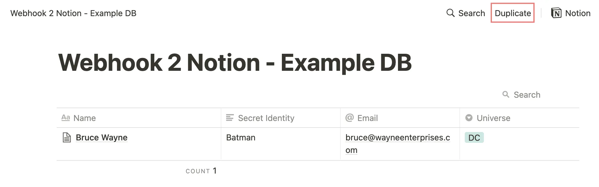 Example Notion database used for the webhook test.