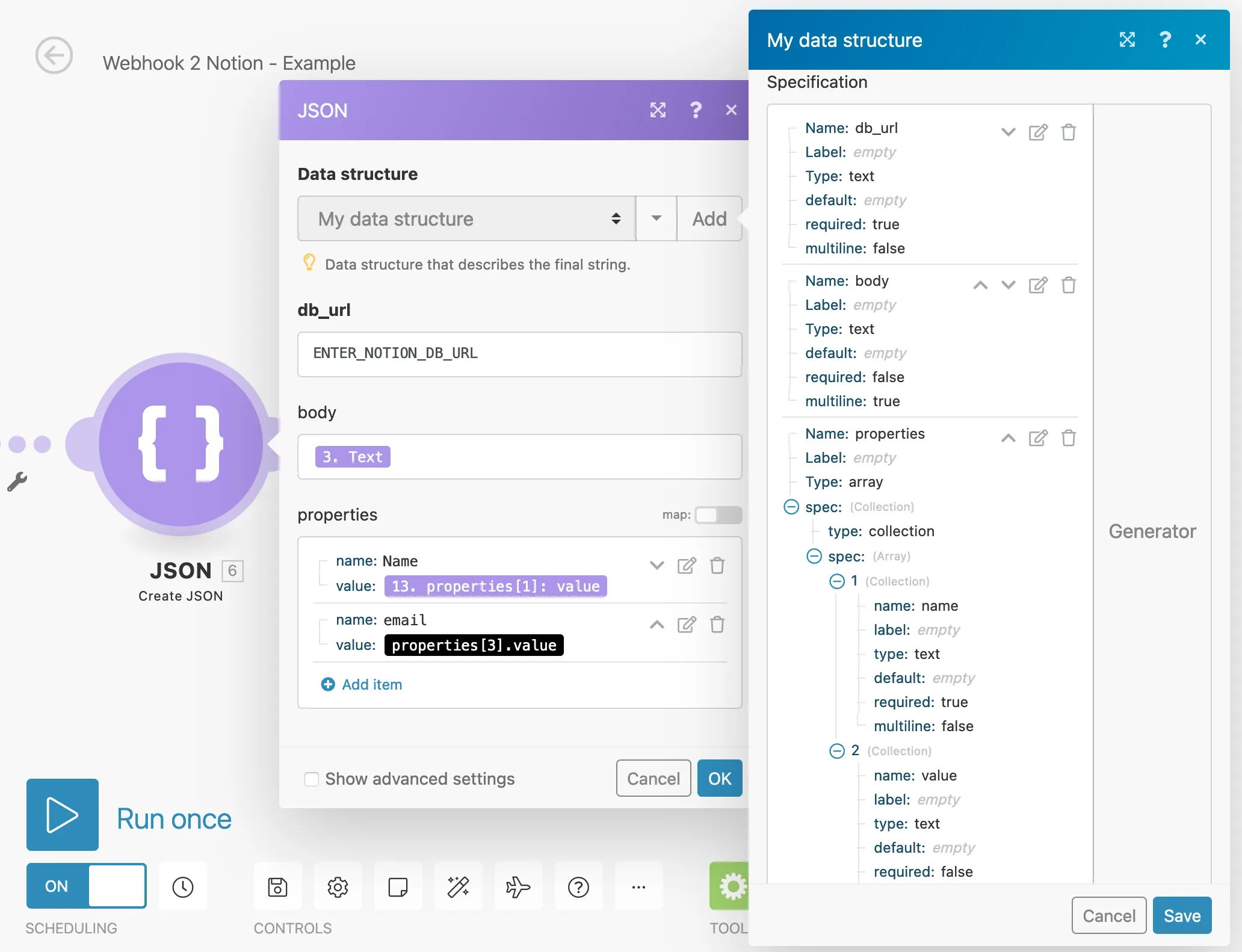 Integromat JSON creation step for the Notion webhook payload.