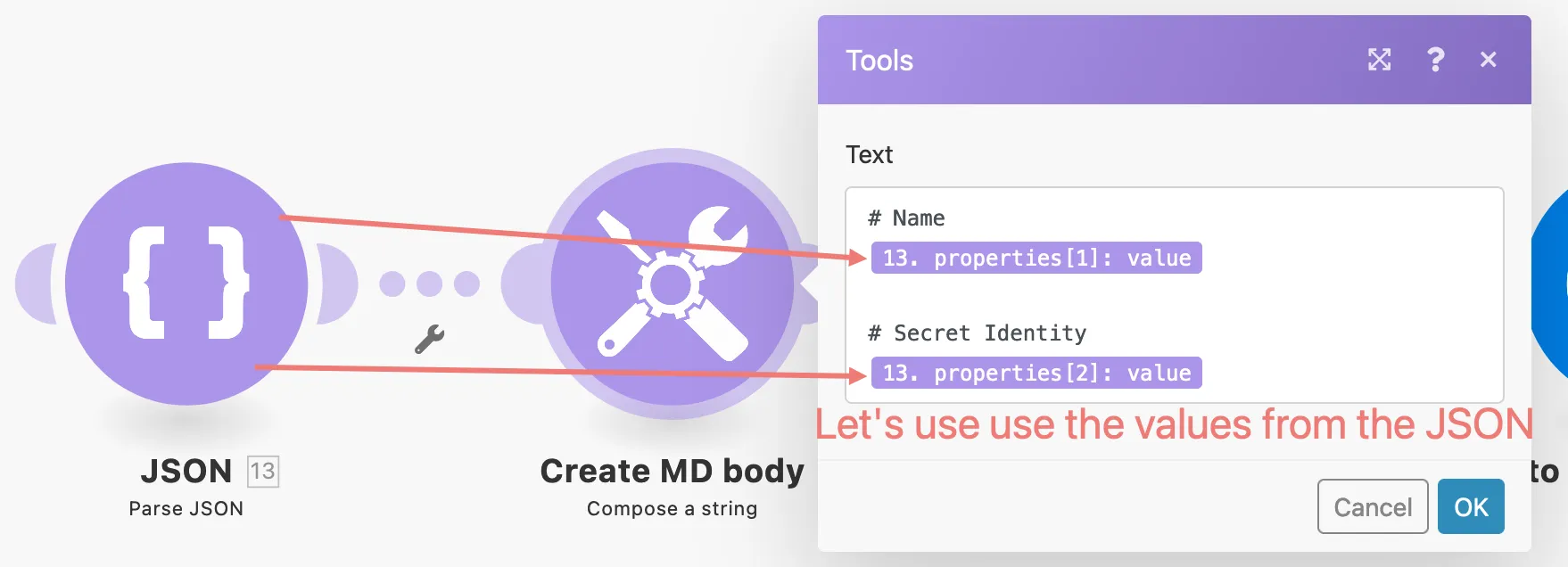 Integromat text aggregator module used to create the Markdown body.