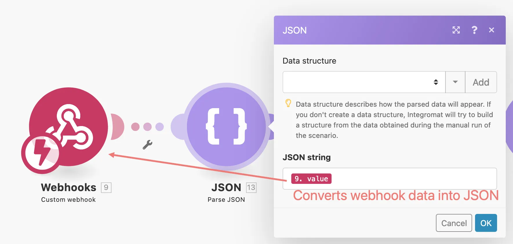 Integromat Parse JSON module configuration.