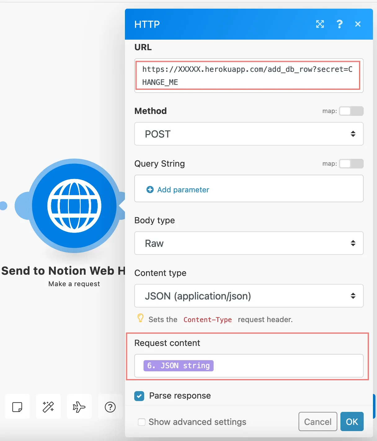 Integromat HTTP module sending the final payload to the Notion webhook.